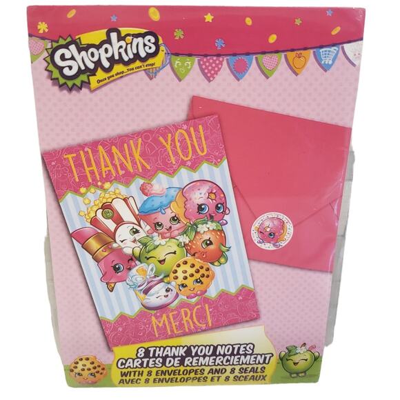 Shopkins Thank You Cards Envelopes Shopkins Stickers 8 Pack Merci Cards - Picture 1 of 6